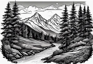Road, mountain, trees, river, compass tattoo idea