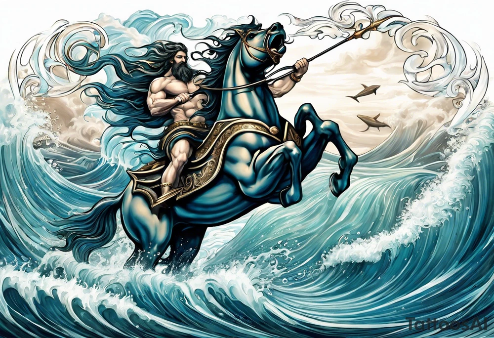 Poseidon (Left Upper Arm):

Poseidon riding a chariot pulled by sea horses, with waves crashing around them.
Poseidon wielding his trident with a powerful stance, commanding the sea.
Dolphins and fish swimming through the waves, along with swirling patterns to represent the movement of water. tattoo idea