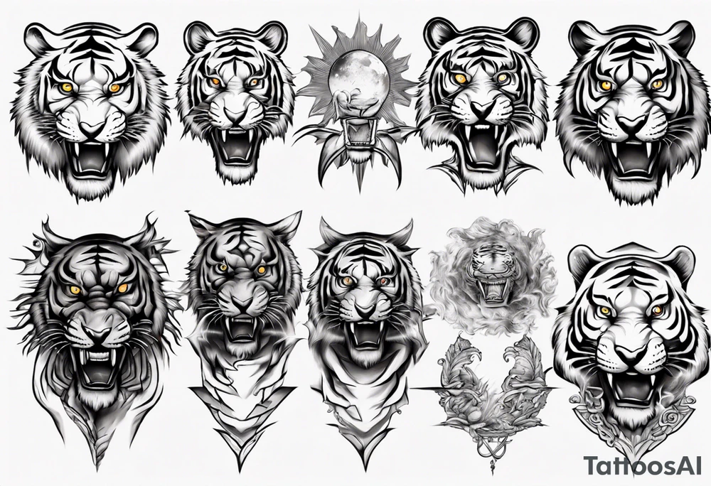 ancient Tiger with lightning and a sun for a forearm sleeve tattoo idea