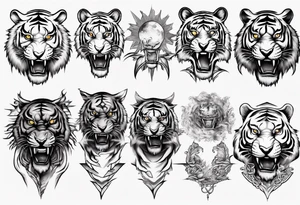 ancient Tiger with lightning and a sun for a forearm sleeve tattoo idea