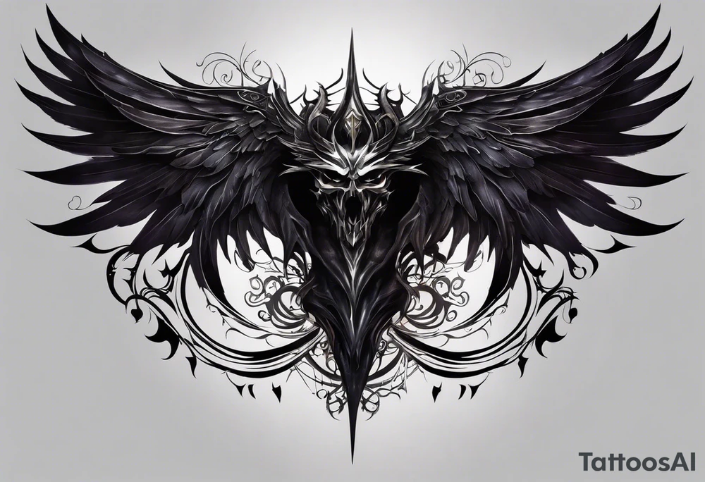 Male chest and neck tattoo with Demonic Wings and Halo**: Combine elements of darkness and light by depicting demonic wings on one side and a halo on the other, both fading into shadowy tendrils that extend across your skin. This design could represent the internal conflict between sinful desires and divine guidance. tattoo idea
