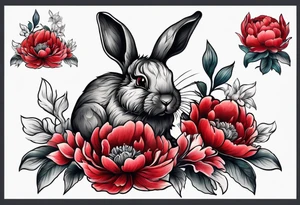 Red peony with small rabbit on a petal tattoo idea