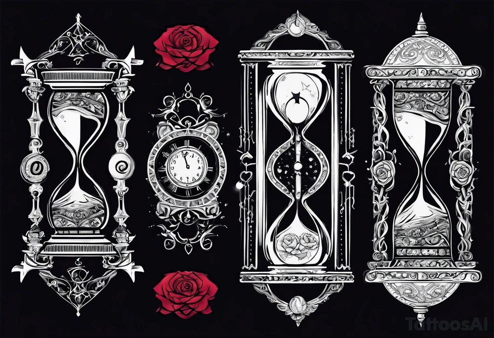 I want a design for printing on t-shirts, the design is an hourglass with a hand clock in the middle with Amazigh numbers, and these two main elements are mixed with thorny roses and planets tattoo idea