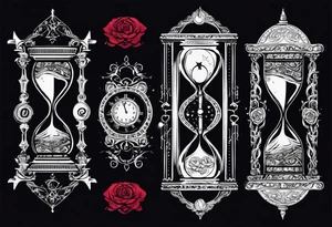 I want a design for printing on t-shirts, the design is an hourglass with a hand clock in the middle with Amazigh numbers, and these two main elements are mixed with thorny roses and planets tattoo idea