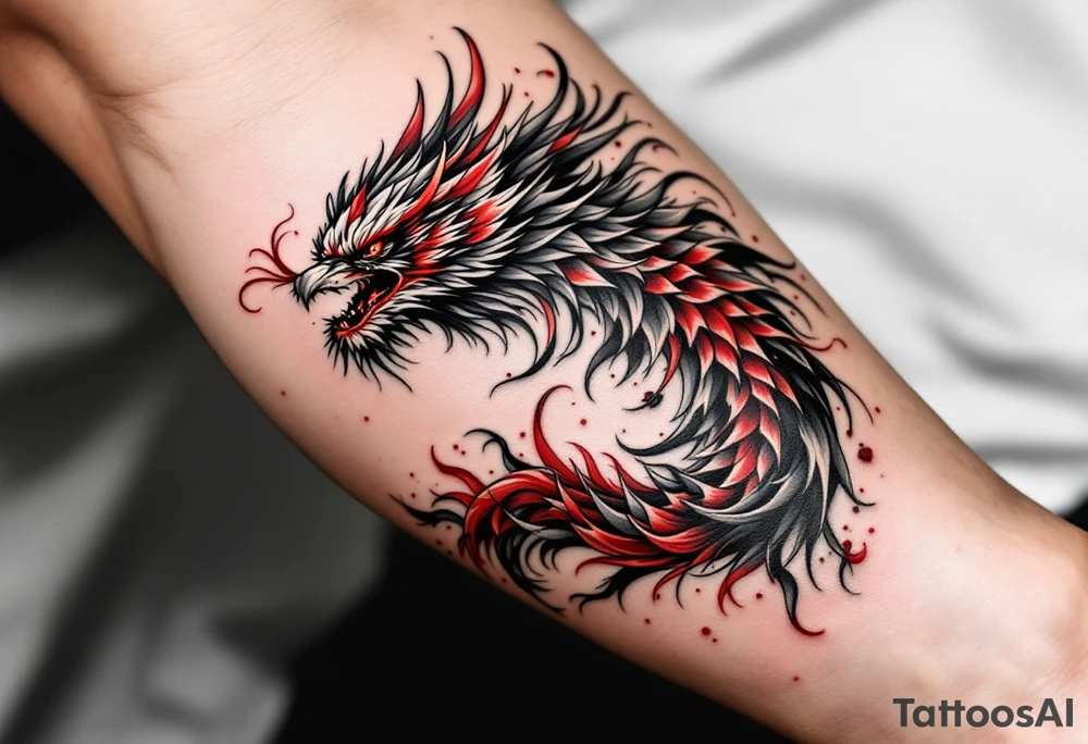 凤凰 (fènghuáng, “phoenix”) in red and crimson expresses grace through rebirth and resilience. tattoo idea