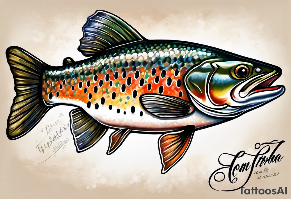 A shaded trout with text that says, 'Como la trucha...' tattoo idea
