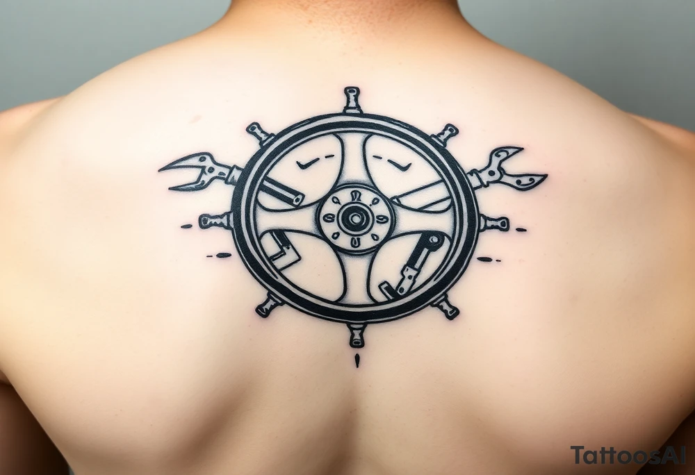 Put together a steering wheel, a misty fanglue for mortar and scissors for sheet metal in one tattoo tattoo idea