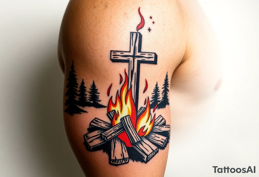 Campfire with cross include the great outdoors and night sky make sure cross doesn't look like it is on fire tattoo idea