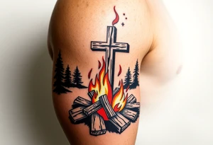 Campfire with cross include the great outdoors and night sky make sure cross doesn't look like it is on fire tattoo idea