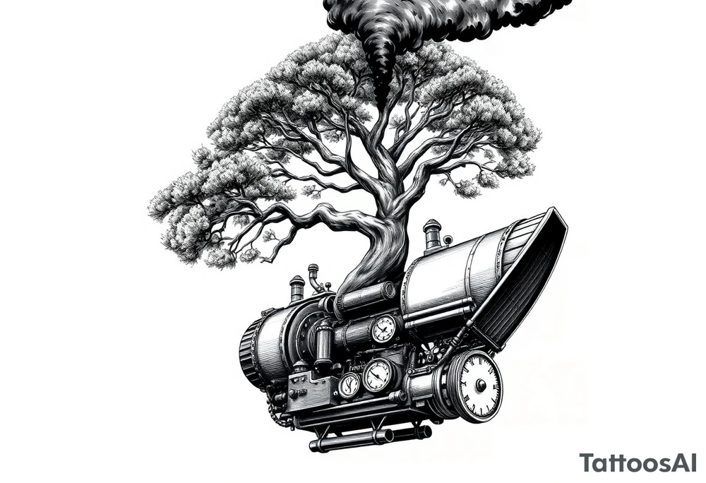 tree growing out of a v shaped engine with lots of pipes, guages and steam around the engine 
 with a smoke stack coming out of the top 
 billowing black smoke as if the tree and engine were a flying machine flying through the air 
 with an extreme steam punk vibe alot more steam punk 
it should look somewhat like a hot air baloon where the tree is the balloon and the machine is the basket but they are together as one unit, and the sky should have clouds in the back ground as if it were chugging along flying through the sky and needs to look extremely steam punk
the smoke stack should be coming out of the tree and the smoke should be trailing behind the machine 
the tree is the actual smoke stack for the machine 
the smoke stack should be a branch pointing up and out with smoke billowing out of it 
and the motor should be a motor that is kind of shaped like the letter V tattoo idea