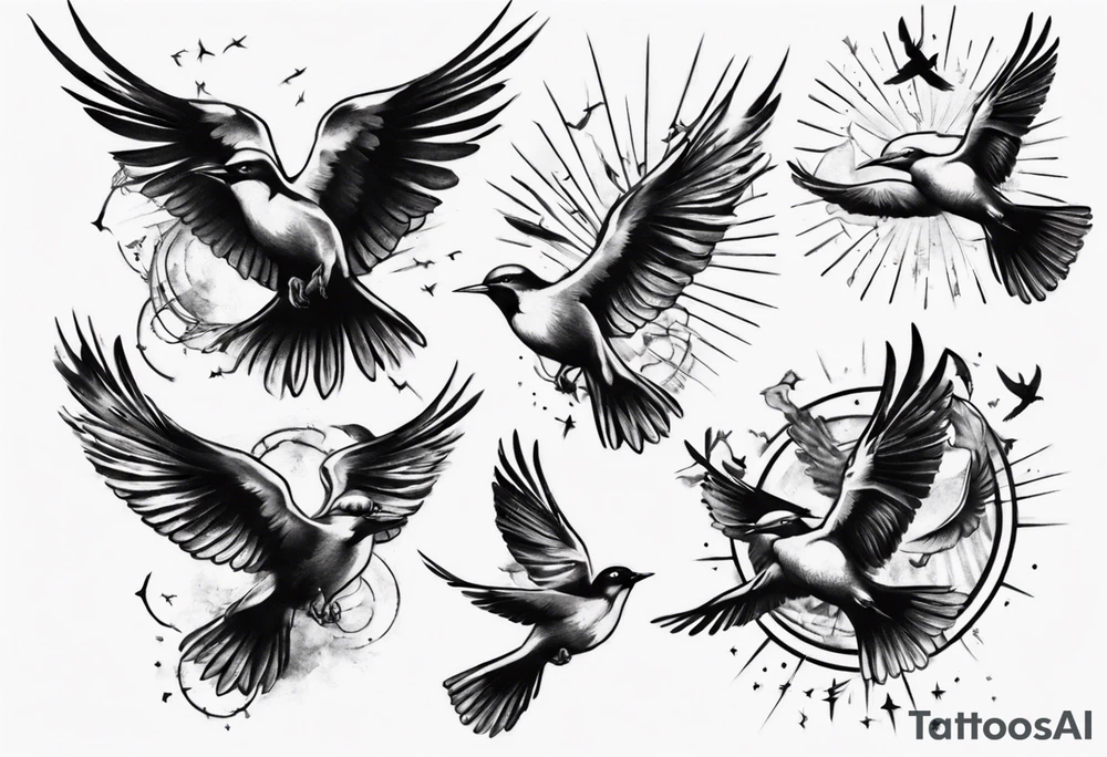 shoulder tattoo with light rays with birds flying free among the clouds tattoo idea