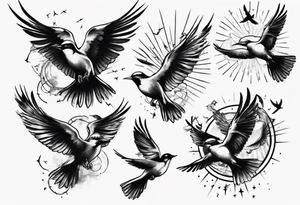 shoulder tattoo with light rays with birds flying free among the clouds tattoo idea