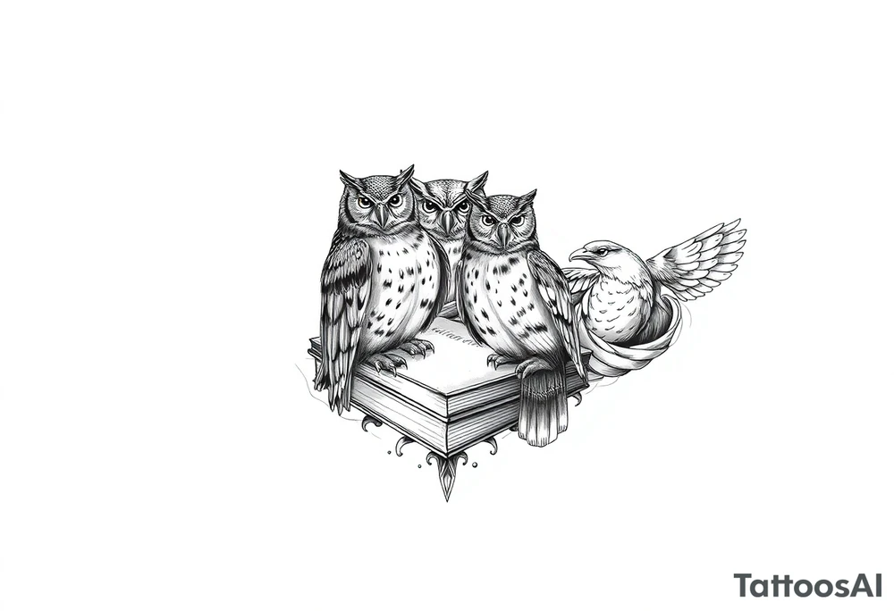 A combination of the ancient symbols of wisdom with books mixed in and owls tattoo idea