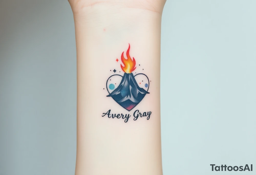 Female Geometric Volcano tattoo erupting in a heart with text Avery Gray tattoo idea