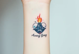 Female Geometric Volcano tattoo erupting in a heart with text Avery Gray tattoo idea