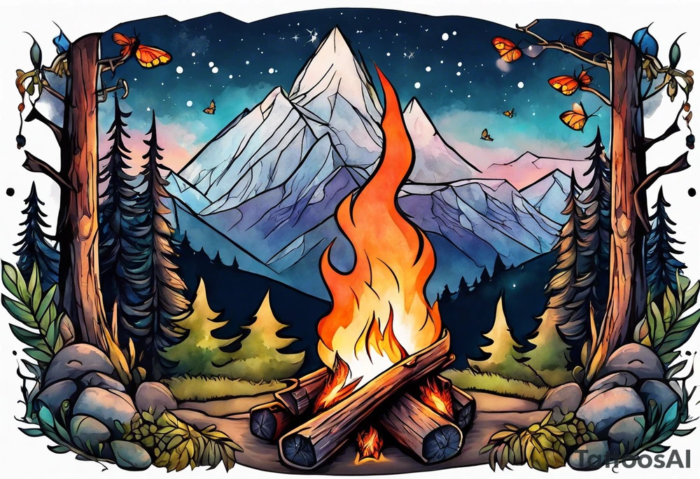 Campfire with small Moth flying above tattoo idea