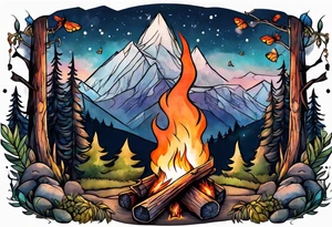 Campfire with small Moth flying above tattoo idea