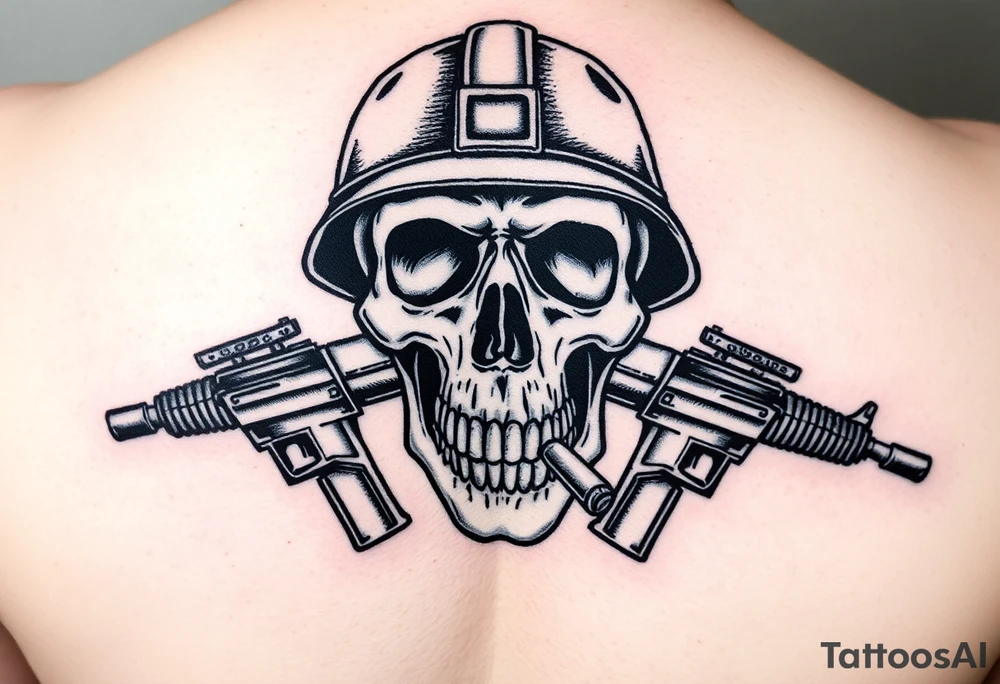 Skull wearing a soldier's helmet, crossed assault rifles behind it, cigar in mouth. tattoo idea