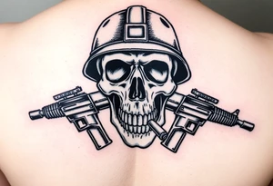Skull wearing a soldier's helmet, crossed assault rifles behind it, cigar in mouth. tattoo idea
