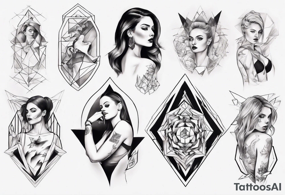 shoulder to elbow tattoo, with beautiful women on each arm using geometric objects tattoo idea