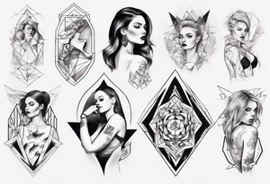 shoulder to elbow tattoo, with beautiful women on each arm using geometric objects tattoo idea