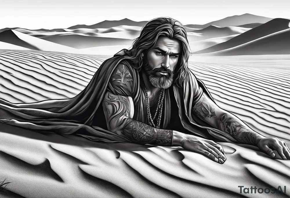 man crawling in a desert toward the cross of Christ tattoo idea