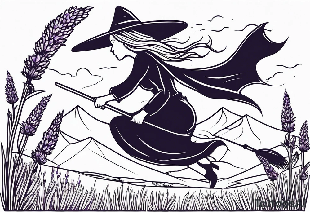Witch on a broom flying over a field of lavender tattoo idea