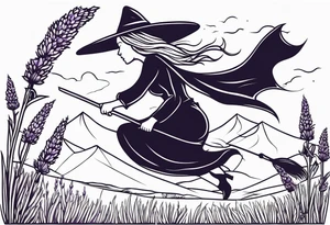 Witch on a broom flying over a field of lavender tattoo idea
