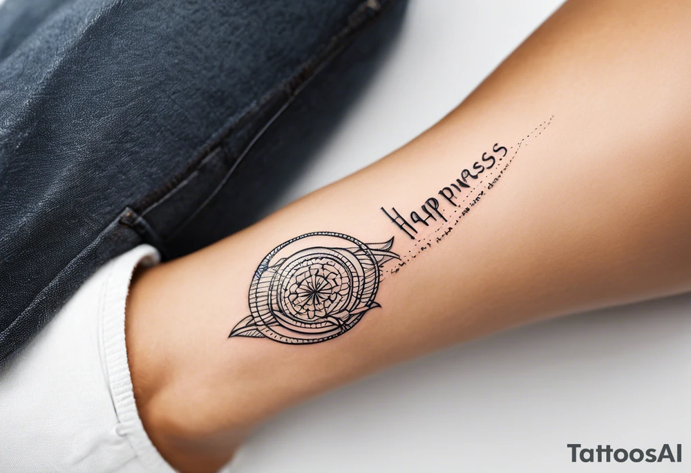 travel tattoo with mantra happiness on ankle elongated with the image of a sea ​​ tattoo idea