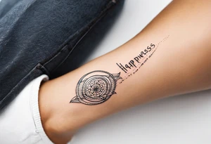 travel tattoo with mantra happiness on ankle elongated with the image of a sea ​​ tattoo idea
