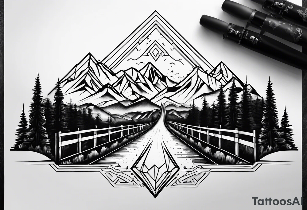 A long road to the mountains with mountains below tattoo idea