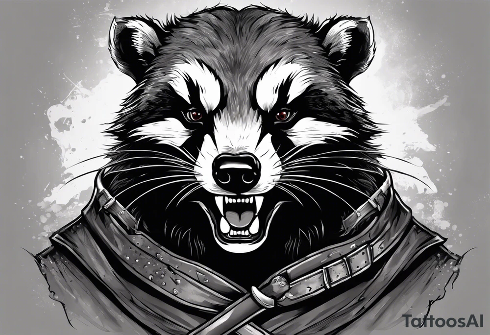 Draw me psychopath Badger/Gladiator with aggressive full body, killer face with a scary smile, very long nails and he attacks like a Bloody Assassin to us and also, he has very deadly looking. He fights with his nails. Everybody scares after their first sight. Give me horror type Badger Tattoo. I want to see his Realistic full body. tattoo idea