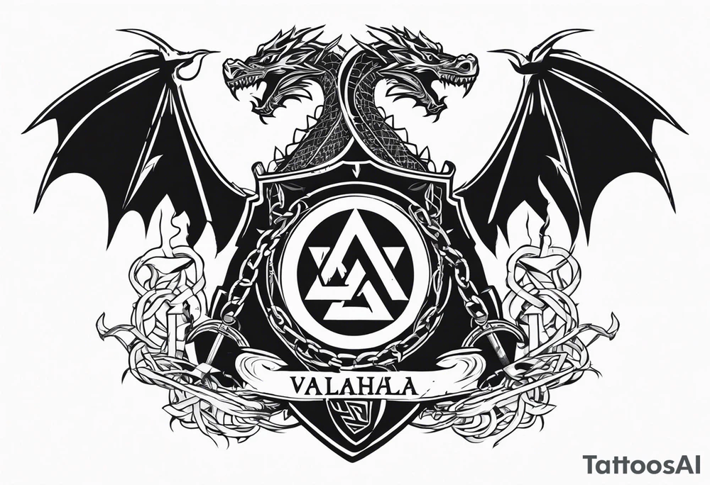 Valhalla sword shield dragon axe Valknut barbed wire chains fire tattoo idea Valhalla sword shield dragon axe Valknut barbed wire chains fire tattoo idea