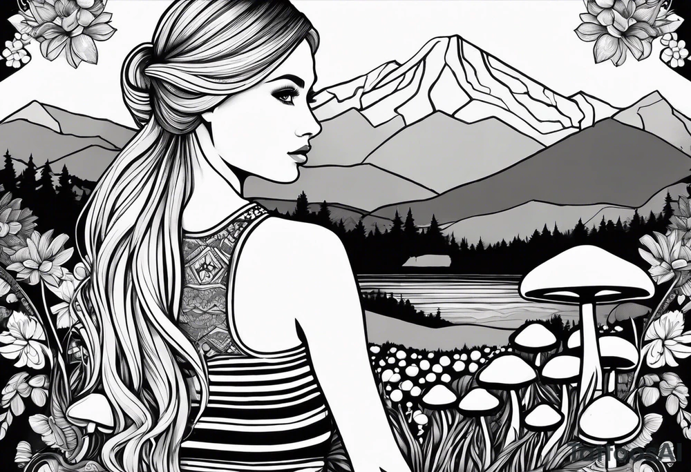 Straight blonde hair girl holding mushrooms in hand facing away toward mountains surrounded by mushrooms mandala circular design black and white striped dress tattoo idea