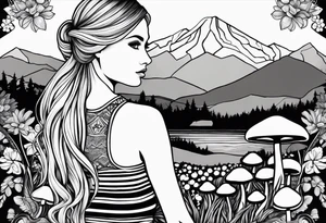 Straight blonde hair girl holding mushrooms in hand facing away toward mountains surrounded by mushrooms mandala circular design black and white striped dress tattoo idea