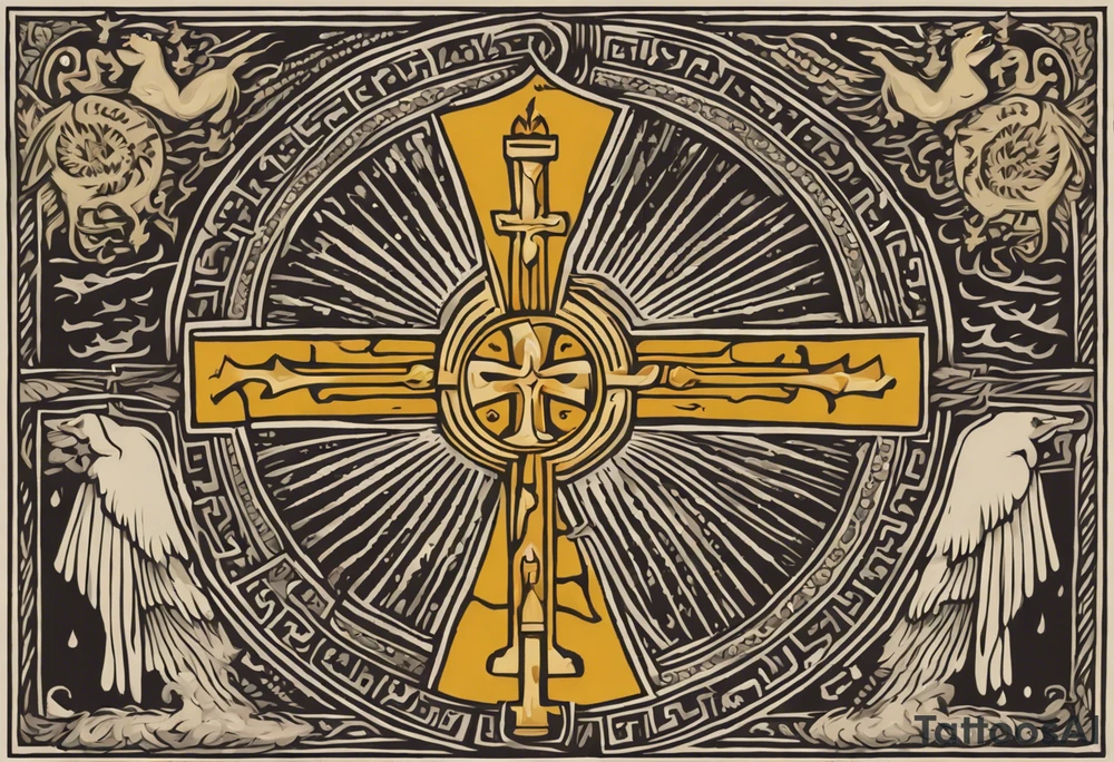 A medieval cross with an assyrian flag in the middle. A crown om top of the cross. The assyrian king Sennacherib. A sun and a moon. A cloud with rain and thunder. charizard. an imperfect cirkle. a candle. a swan. lemons. the god asshur with wings. an ankh. angel wings with a halo. surrounded by olive branches and feathers. tattoo idea