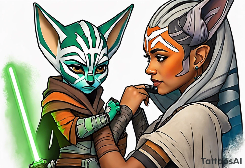 Ahsoka teaching young grogu who is wearing mandalorian armor crouching with a green lightsaber tattoo idea