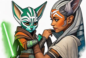 Ahsoka teaching young grogu who is wearing mandalorian armor crouching with a green lightsaber tattoo idea