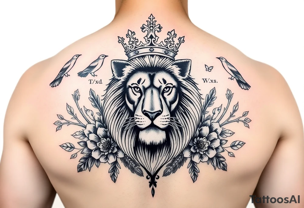 powerful majestic lion with a crown, surrounded by floral ornaments and birds tattoo idea