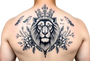 powerful majestic lion with a crown, surrounded by floral ornaments and birds tattoo idea