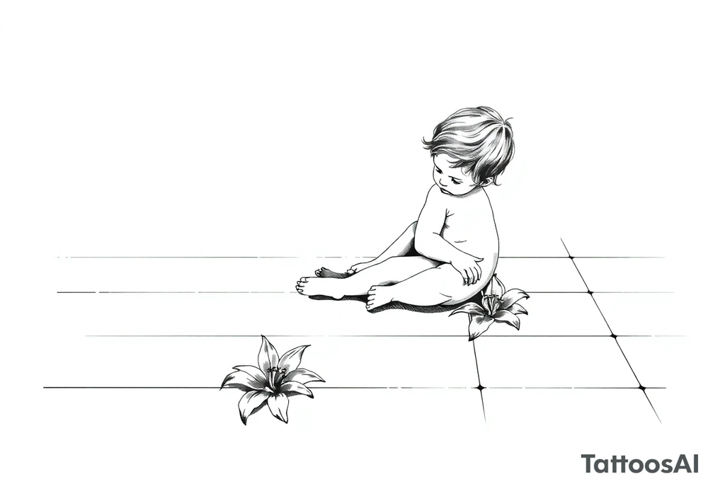 A simple tile floor with a minimalist silhouette of a curled up child sitting on the floor with a lily next to her tattoo idea
