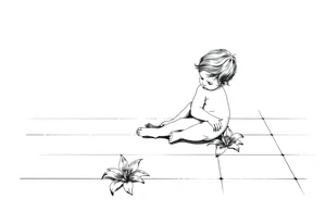 A simple tile floor with a minimalist silhouette of a curled up child sitting on the floor with a lily next to her tattoo idea