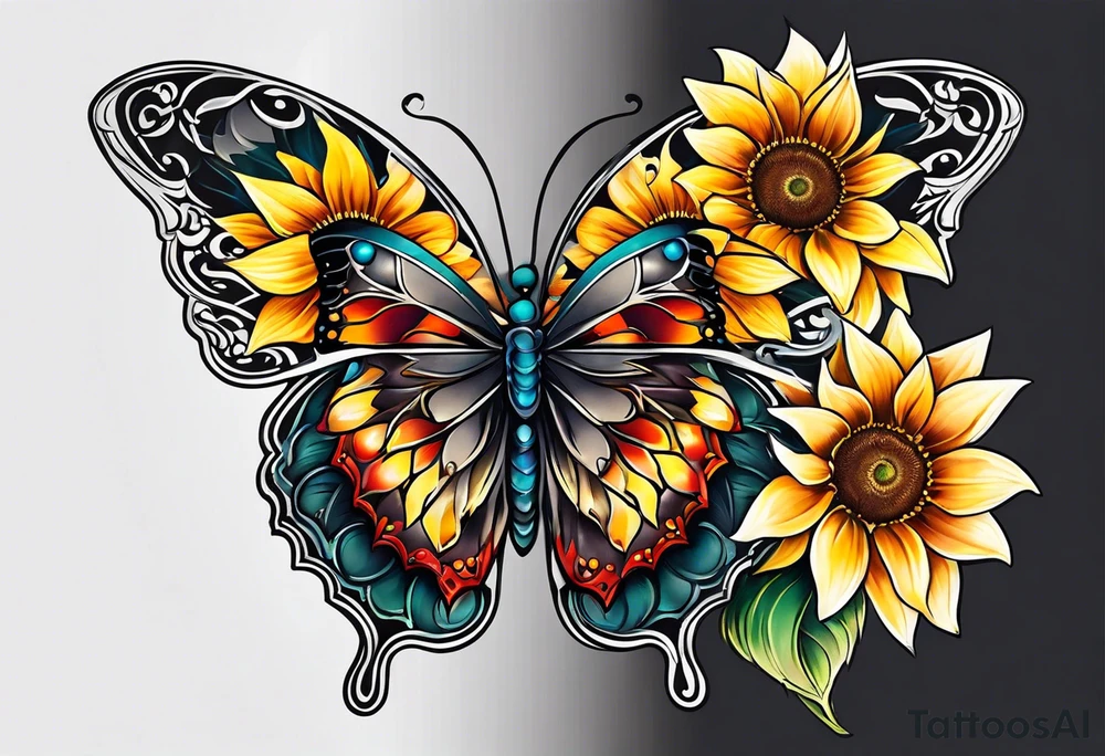 Half butterfly half sunflower tattoo idea