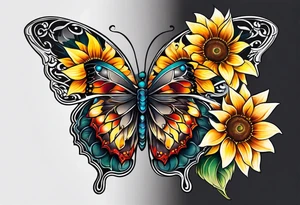 Half butterfly half sunflower tattoo idea