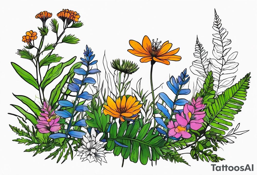 saturated mixed wildflower with moss and ferns and with color tattoo idea