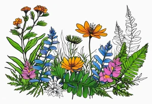 saturated mixed wildflower with moss and ferns and with color tattoo idea
