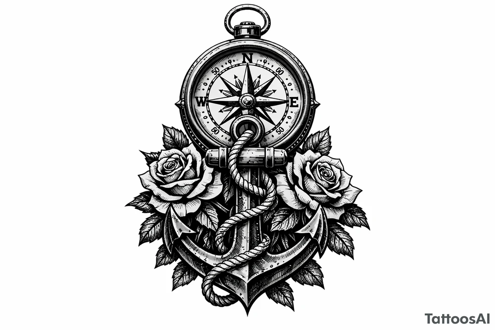 a compass under it an anchor and roses. tattoo idea