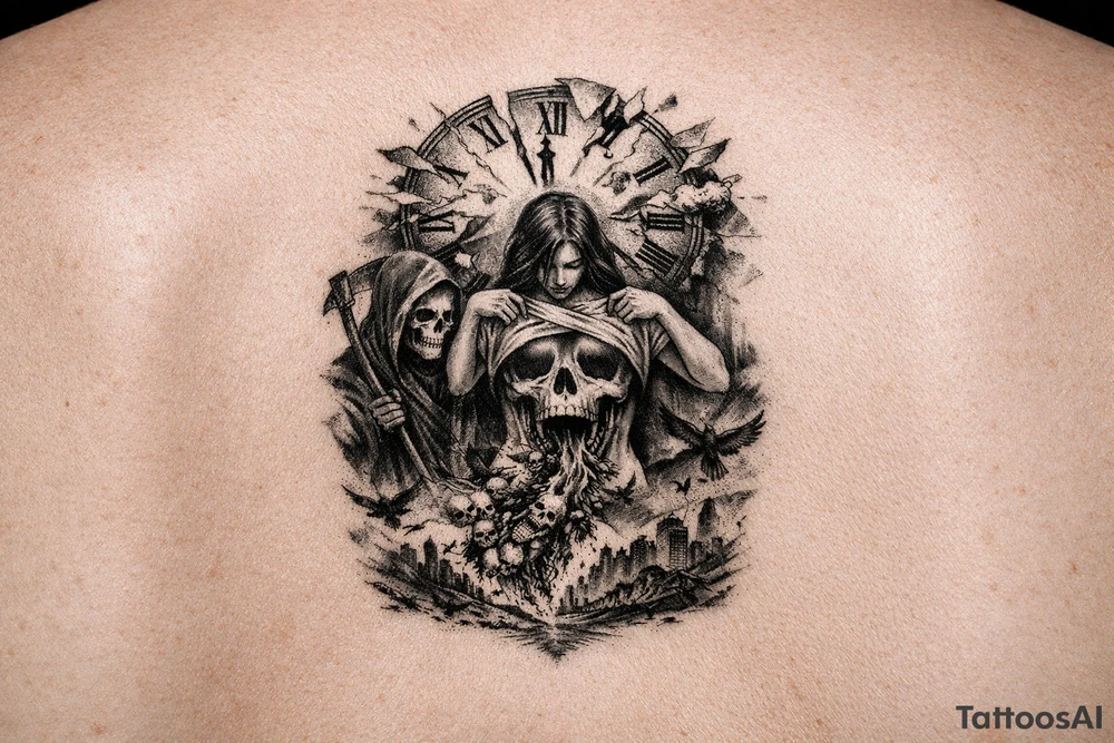 A clock being blown apart by time with a woman pulling her shirt up to reviel a skull  as her stomach puking sparrow and evil upon the world,and death is watching her cause she manipulated 
Everyone tattoo idea