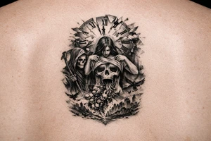 A clock being blown apart by time with a woman pulling her shirt up to reviel a skull  as her stomach puking sparrow and evil upon the world,and death is watching her cause she manipulated 
Everyone tattoo idea