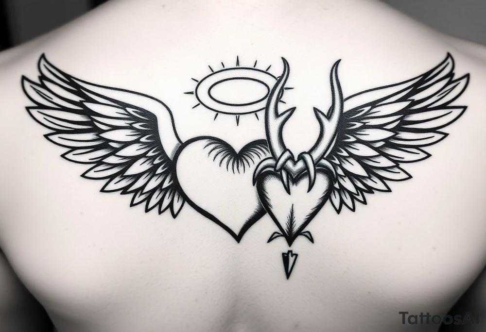 a tribal designed good versus evil inspired black and white of two wings with two hearts in the middle; have the angel tribal wing and angel heart with floating halo above the angel heart to be facing top to bottom, and on the opposite there is a demon heart upside down complete with connected demon horns on the demon heart with a tribal demon wing, the two hearts should only connect with one line from the bottom of one heart to the bottom of the other heart tattoo idea